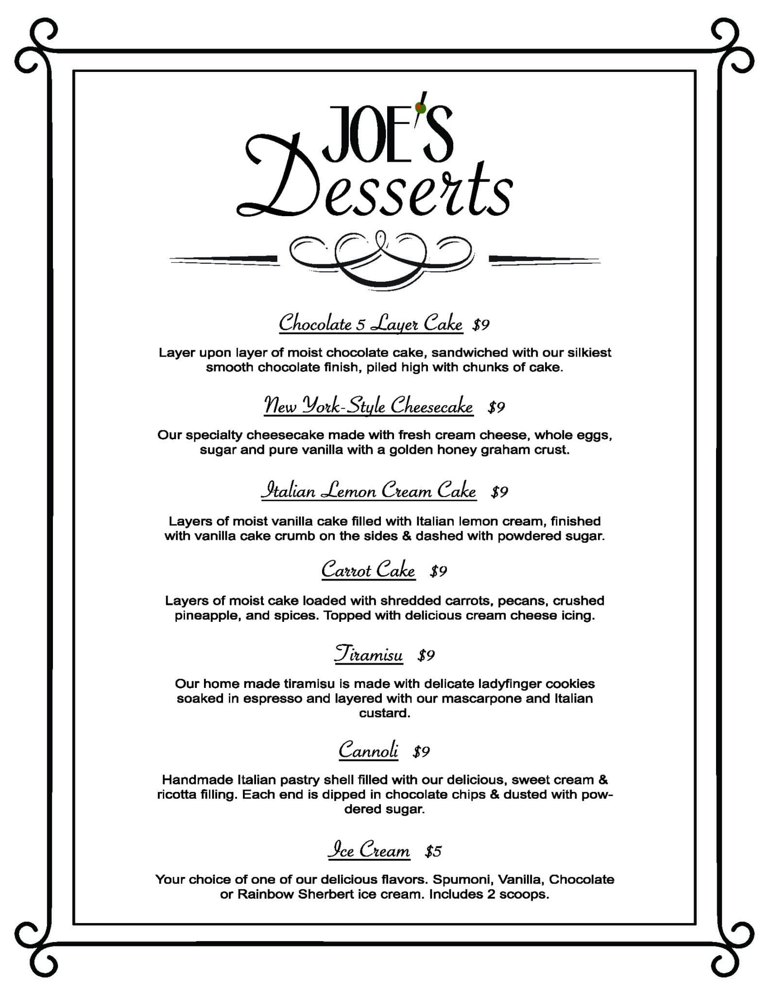 Menus Joe's Italian Restaurant and Bar