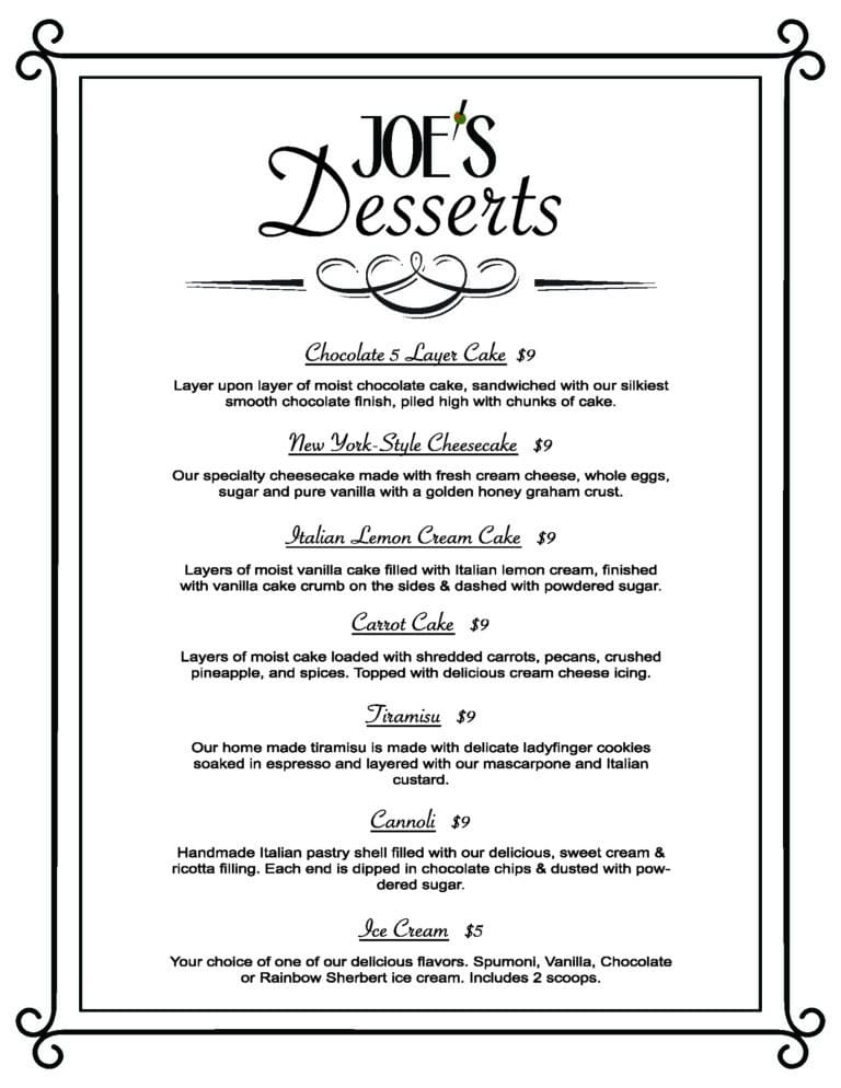 Joe's Italian Restaurant and Bar Ladera Ranch, CA Desert Menu