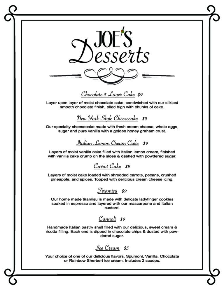 Menus Joe's Italian Restaurant and Bar