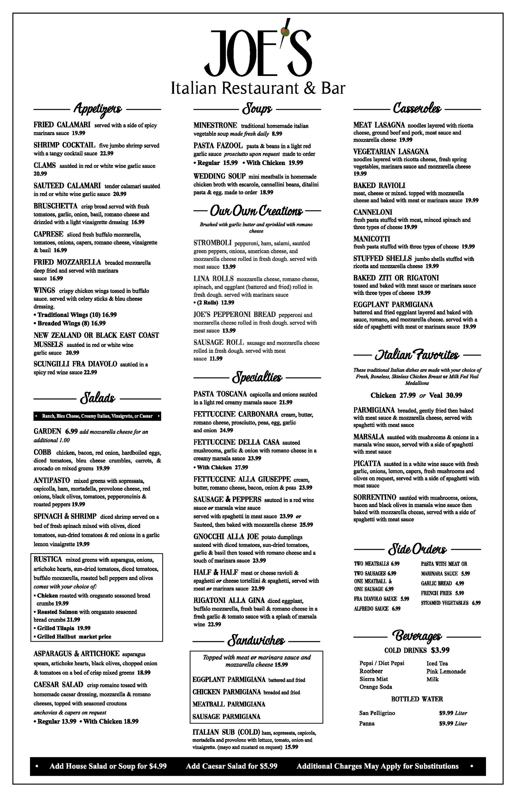 Joe's Italian Restaurant menu