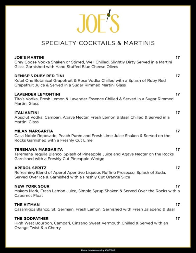 Menus Joe's Italian Restaurant and Bar