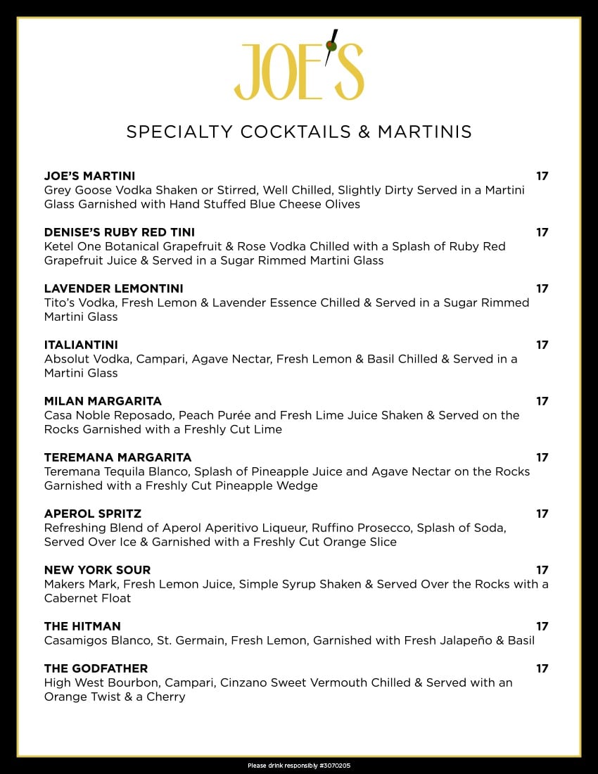 Menus Joe's Italian Restaurant and Bar