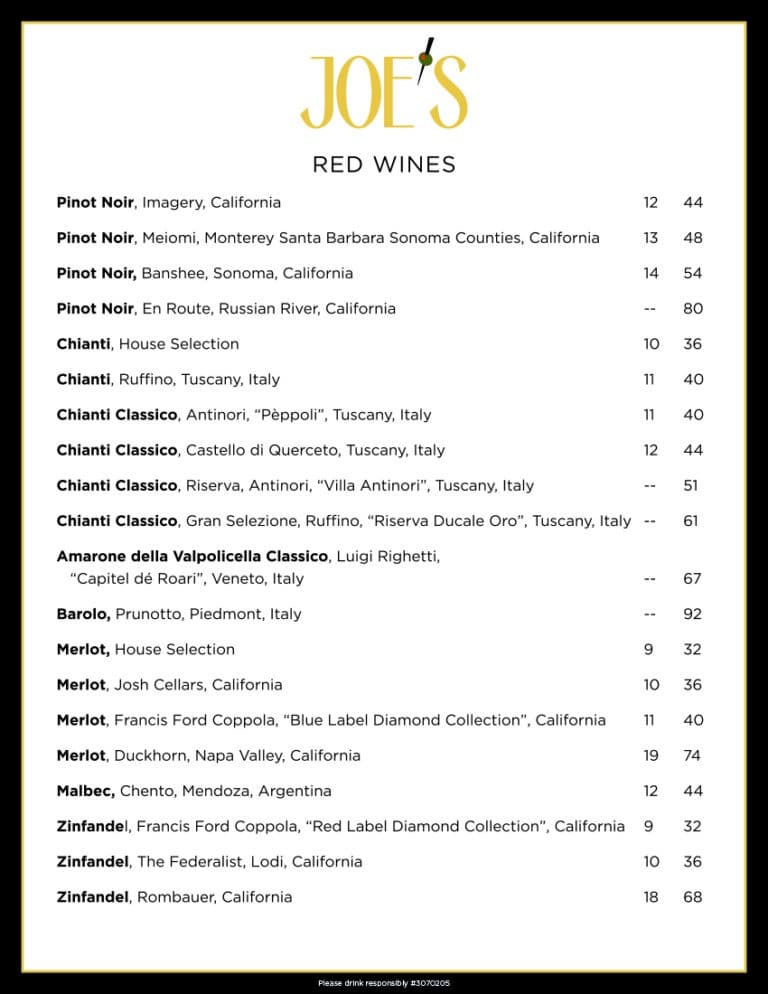 Menus Joe's Italian Restaurant and Bar