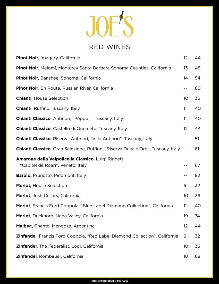 Menus Joe's Italian Restaurant and Bar