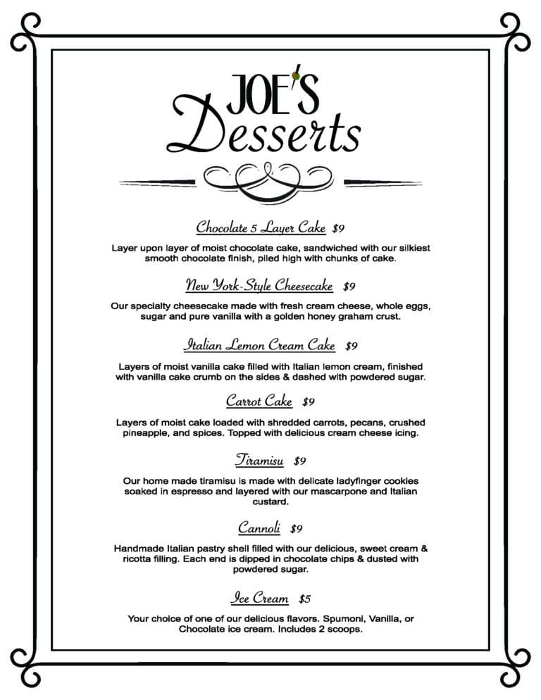 Jope's Italian restaurant desert menu