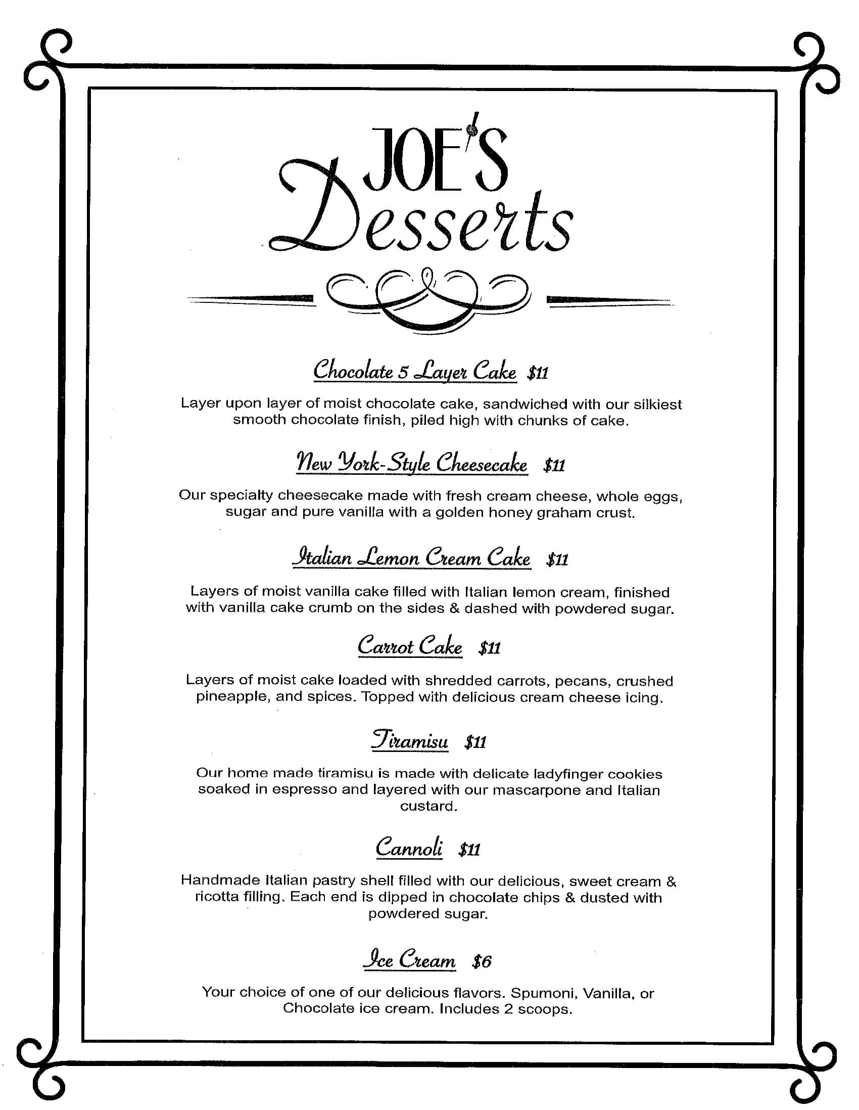 Menus Joe's Italian Restaurant and Bar
