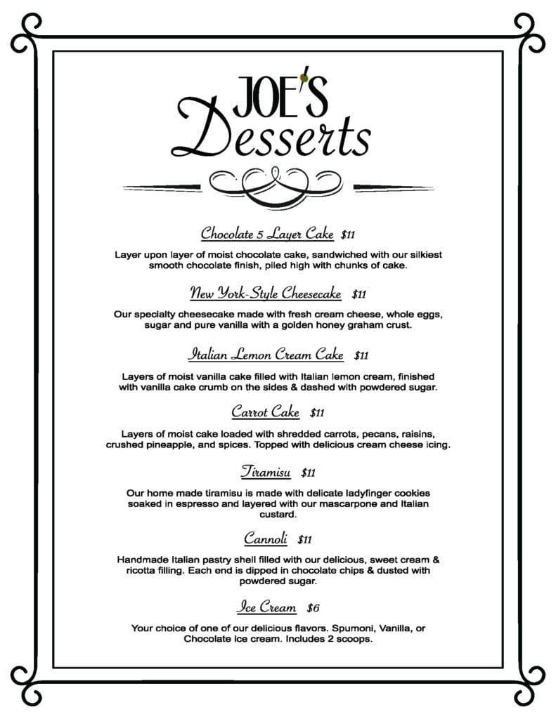 Joe's Italian desert menu