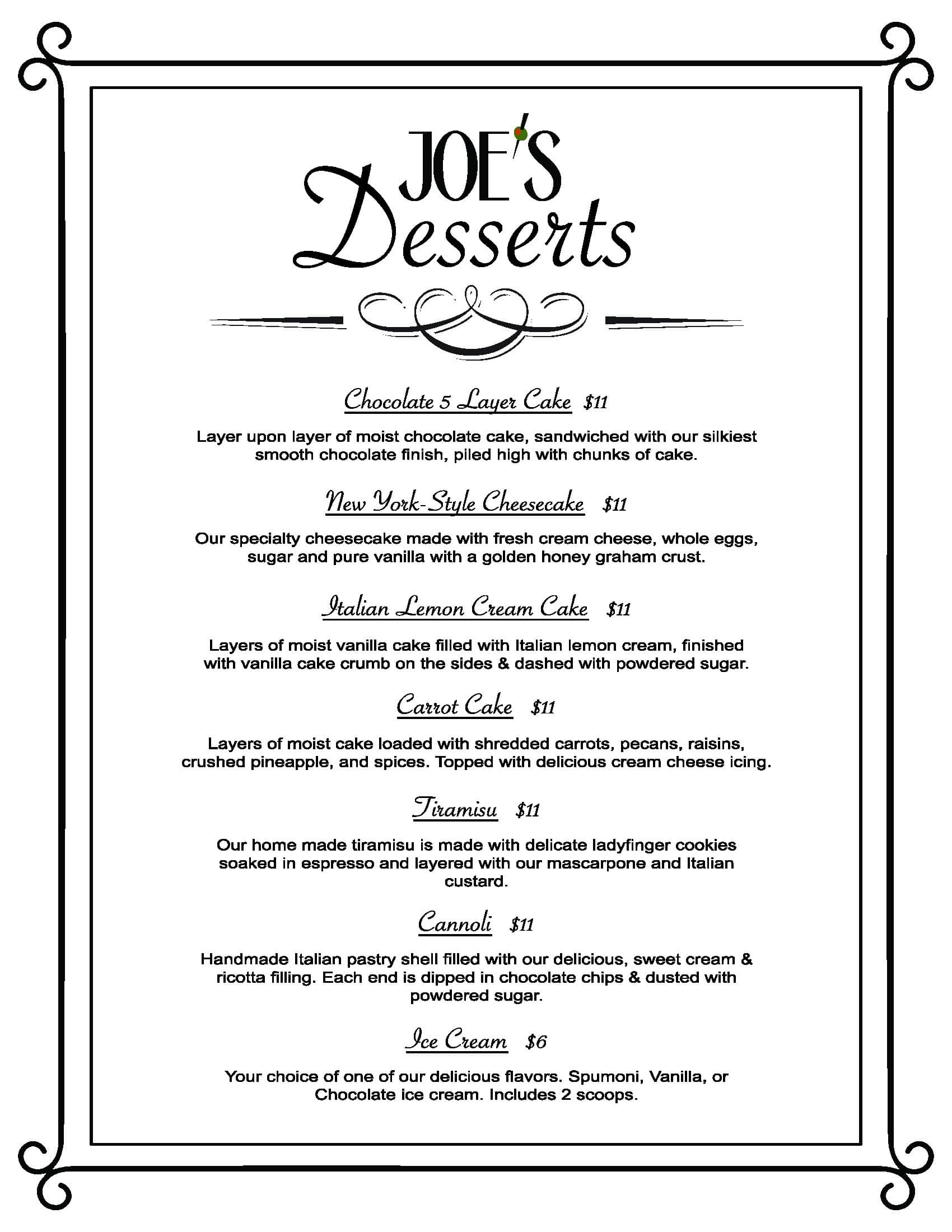 Menus Joe's Italian Restaurant and Bar