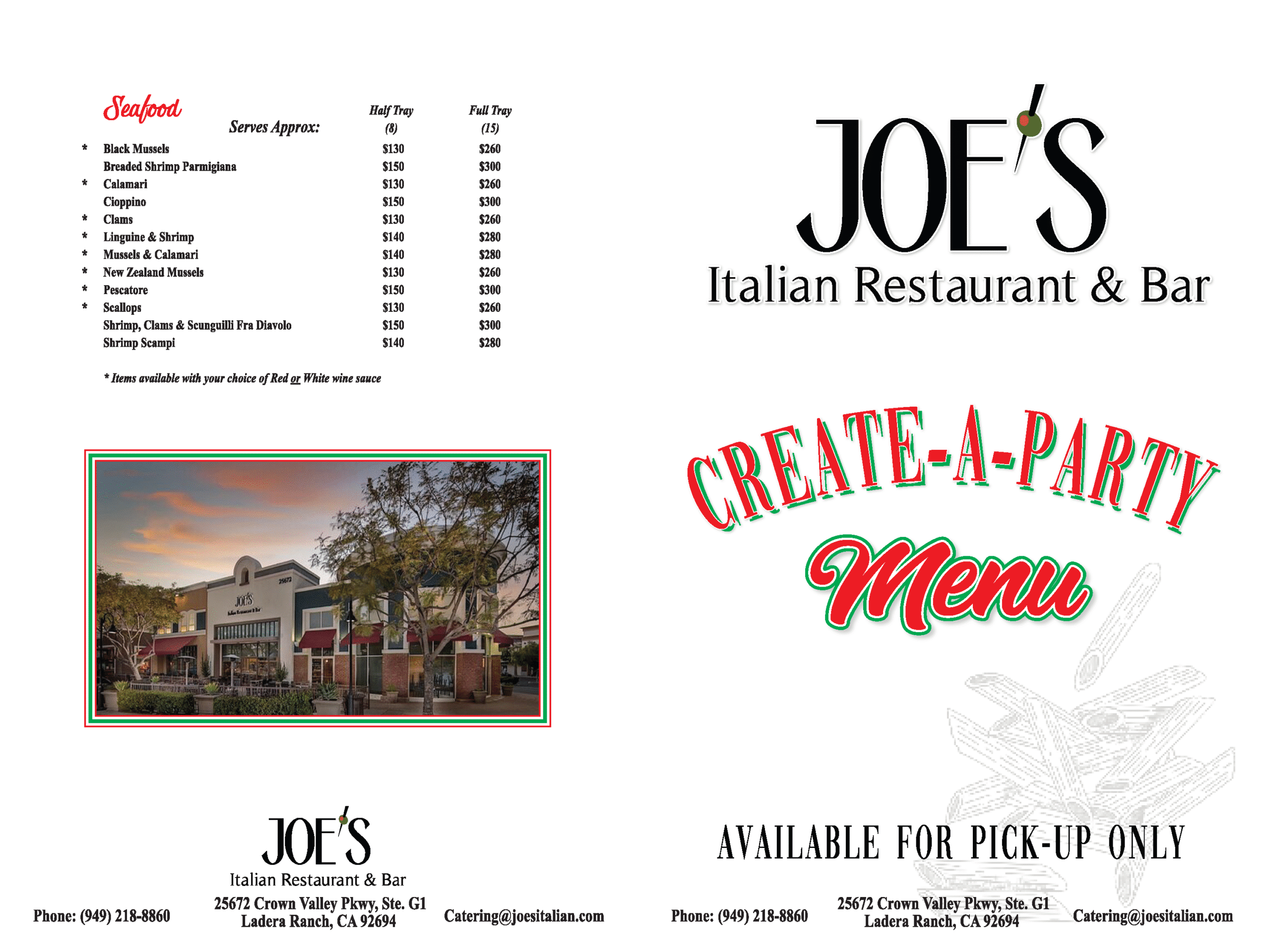 Joe's Italian Restaurant Catering Menu