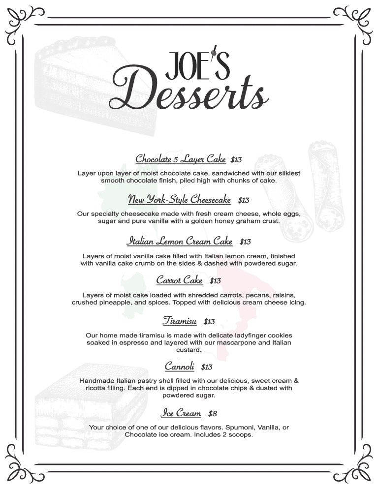 Joes Italian Desert Menu